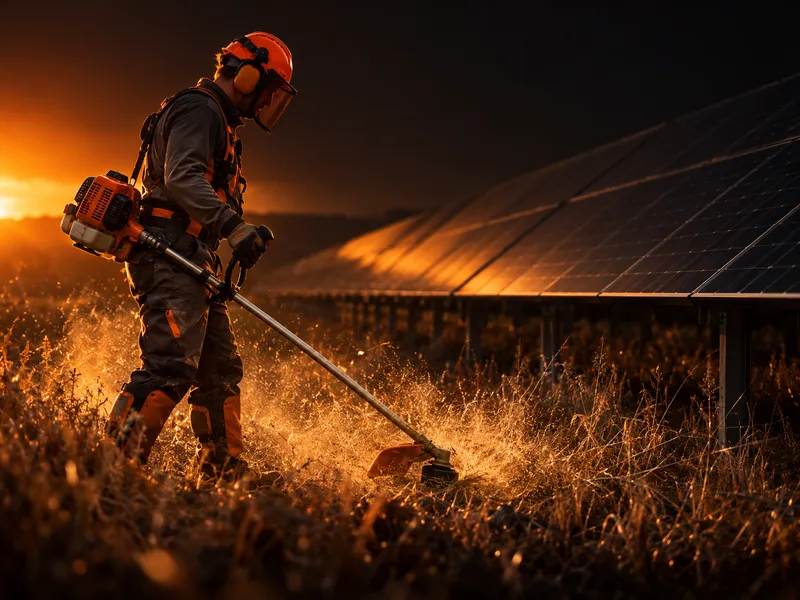 Operario con desbrozadora cortando pasto seco junto a una hilera de paneles solares al atardecer