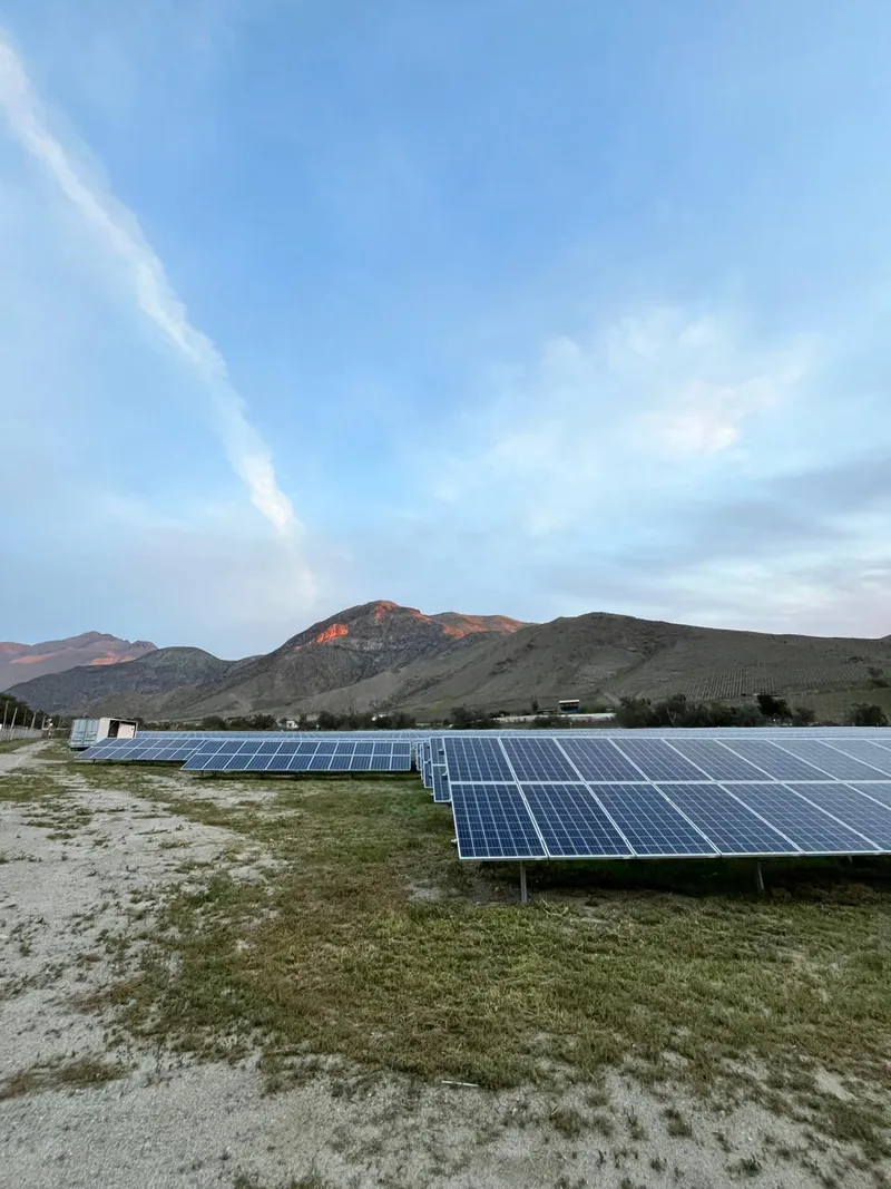 Parque solar al atardecer con la cordillera iluminada al fondo